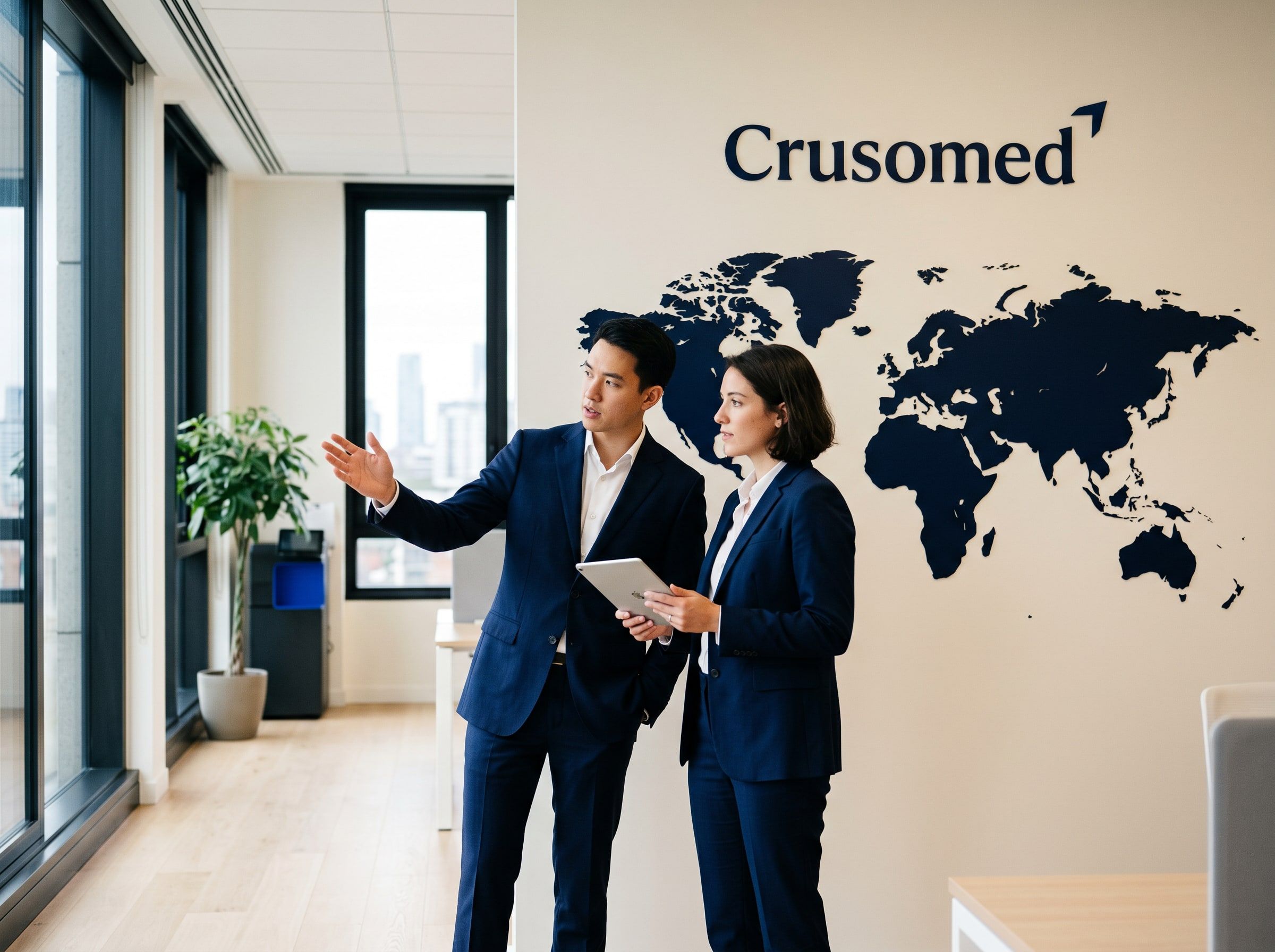 Two colleagues discussing international distribution in front of a world map and the Crusomed wordmark on an office wall.
