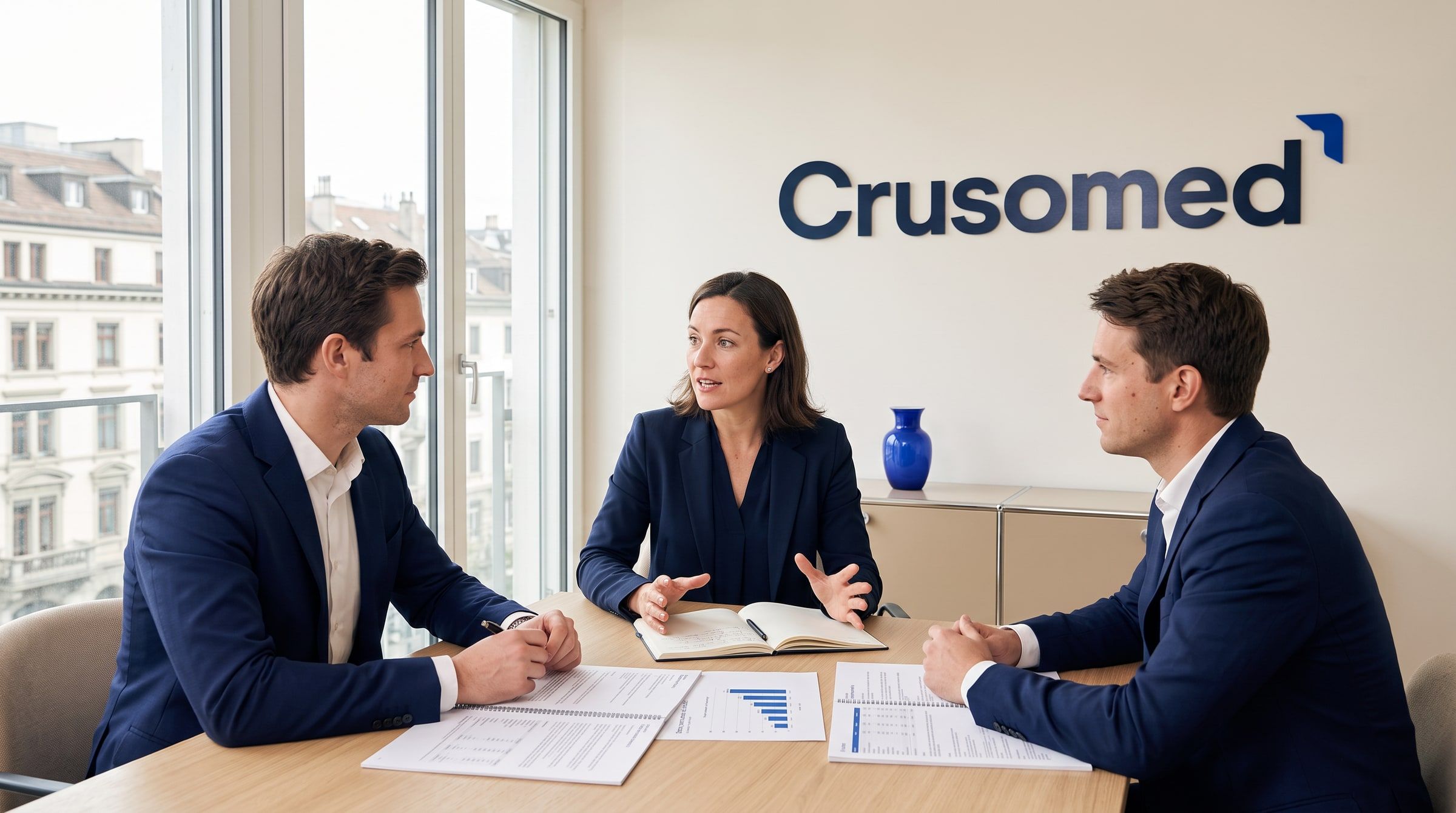 Three colleagues working together at a table in a bright modern office, the Crusomed wordmark on the wall behind them.