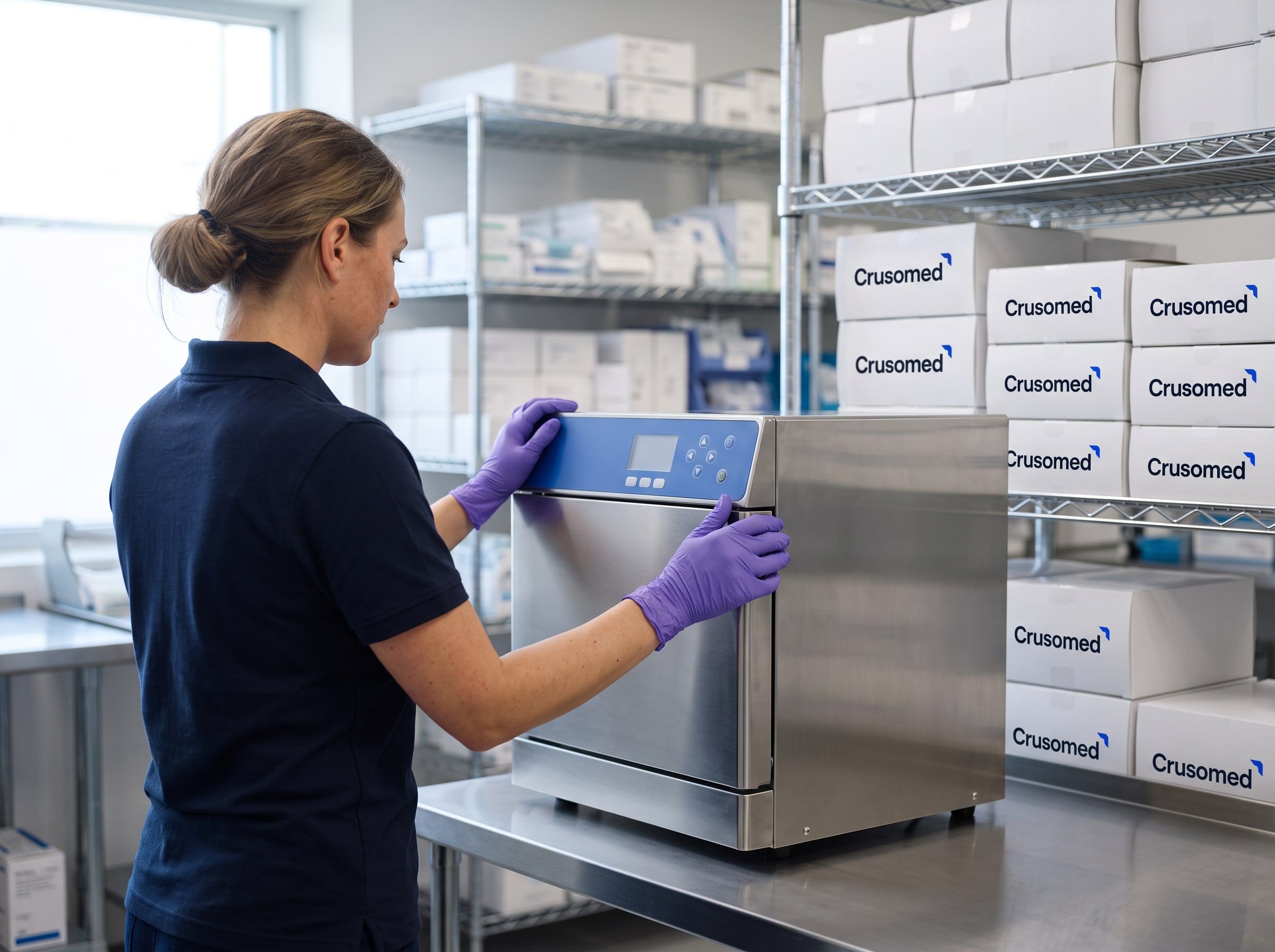 A technician operating clinical processing equipment in a bright hospital supply room, Crusomed-branded cartons on the shelving beside her.