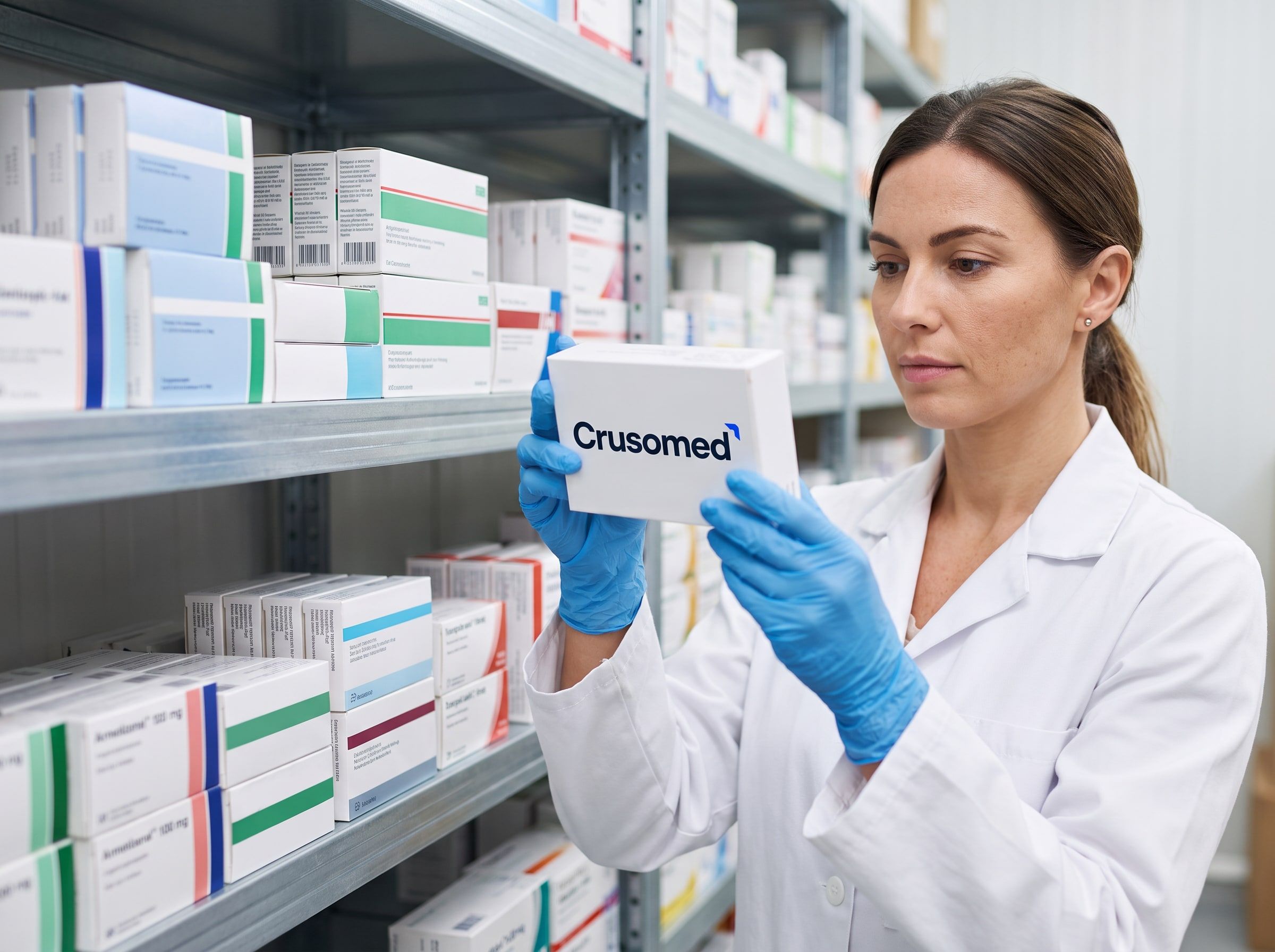 A pharmacist in a white coat examining a Crusomed-branded product carton beside shelving of stock.