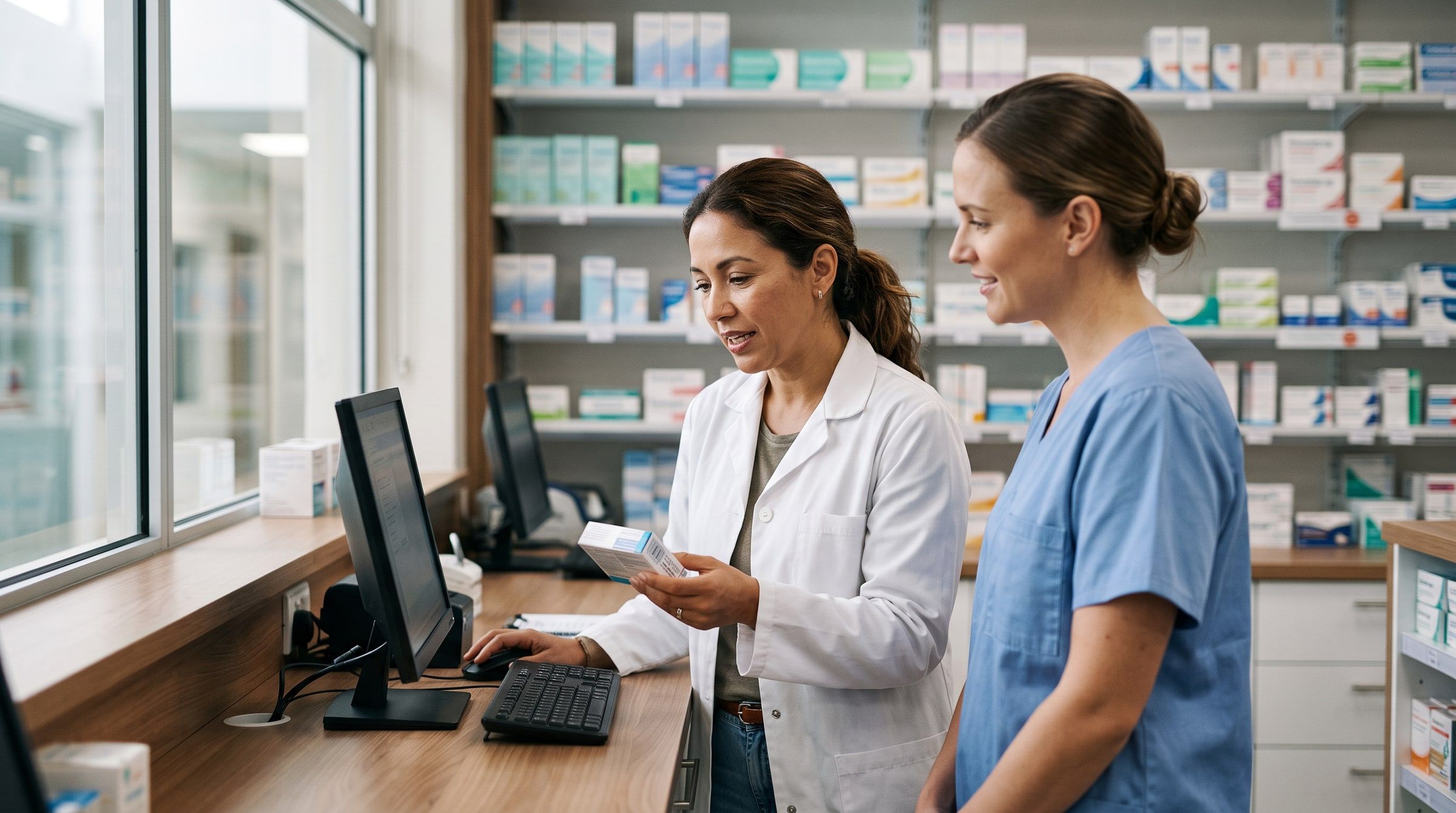A pharmacist in a white coat checking a medicine carton at a hospital pharmacy counter while a nurse in scrubs looks on.