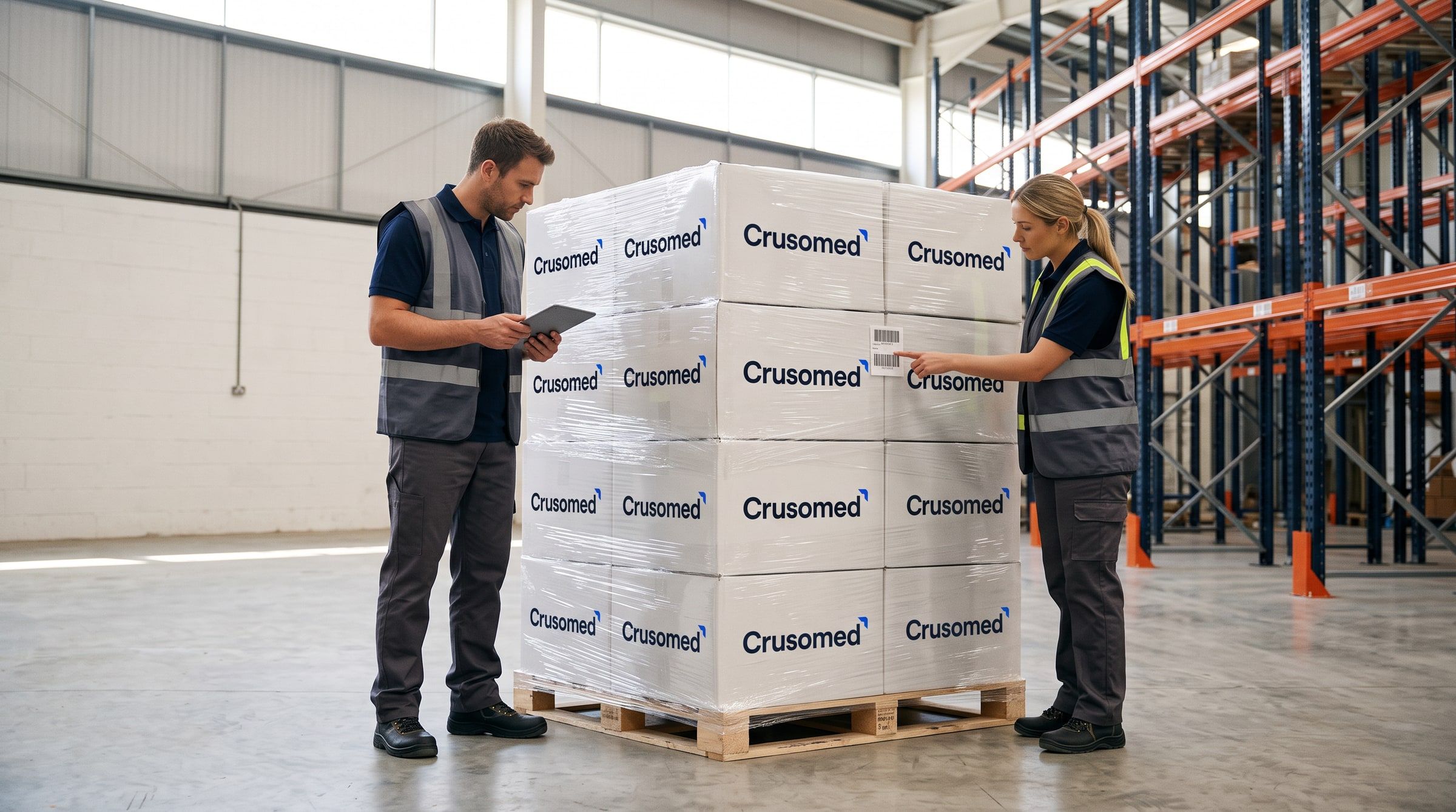 Two logistics staff checking sealed Crusomed-branded cartons on a pallet in a bright warehouse.