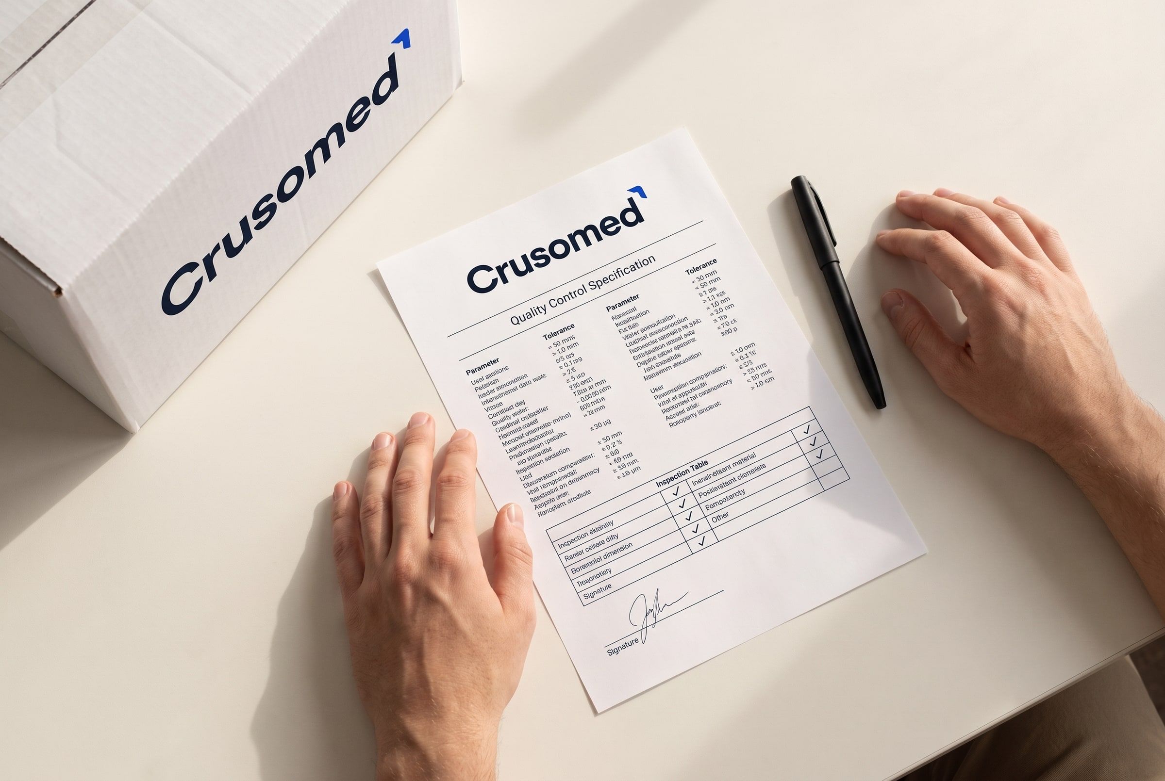 Hands either side of a printed Crusomed quality-control specification on a desk, beside the corner of a Crusomed-marked shipping carton.